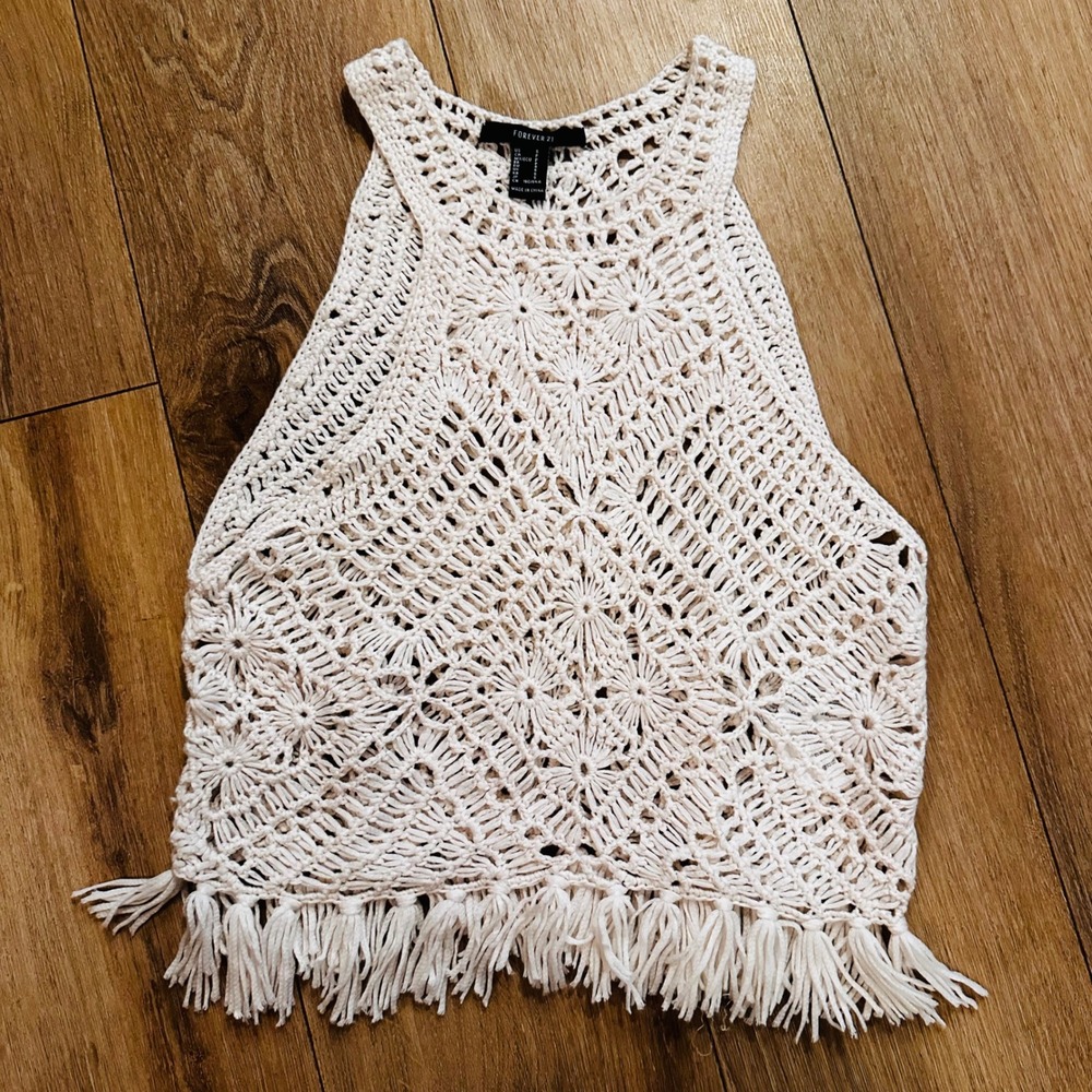 Forever 21 Crochet Halter Tank Top Cream Ivory Fringe Boho Festival Small